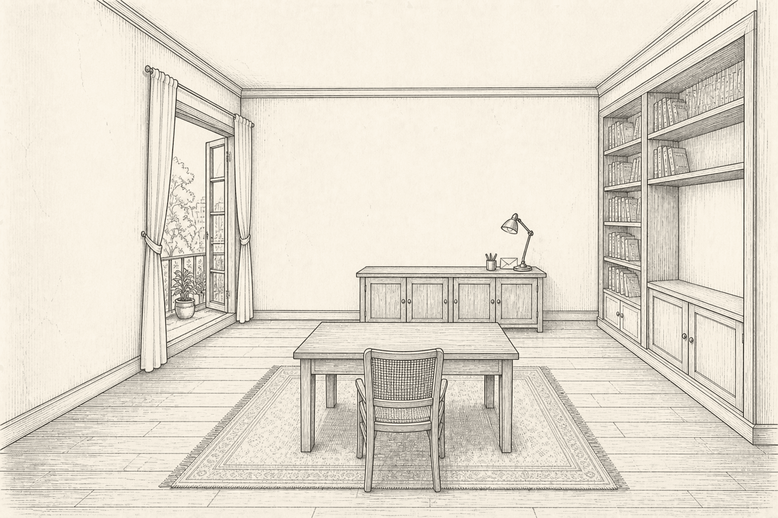 A hand-drawn ink study room with Offline Time objects in color